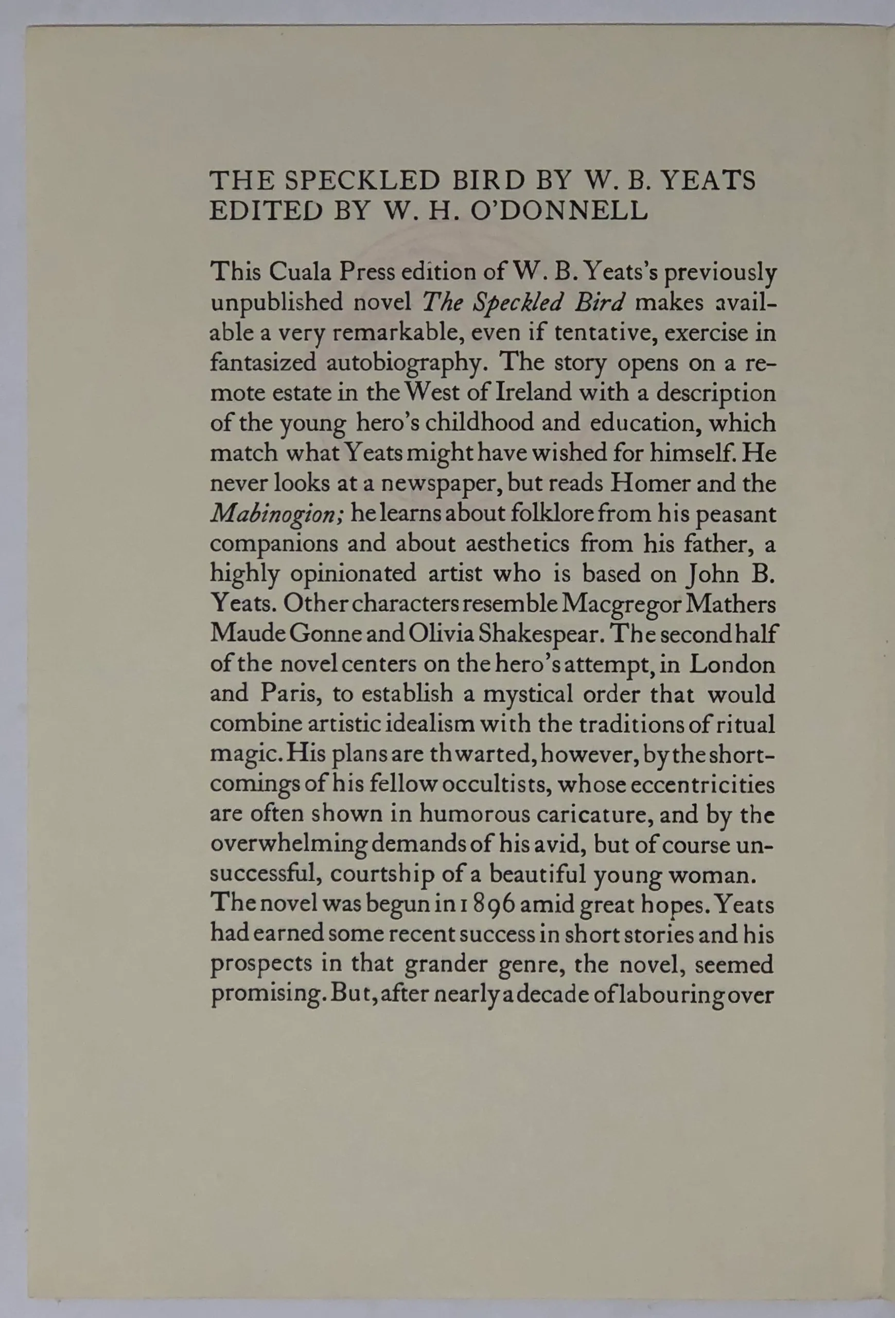 [Prospectus for] The Speckled Bird by W.B. Yeats. Edited by W.H. O'Donnell.