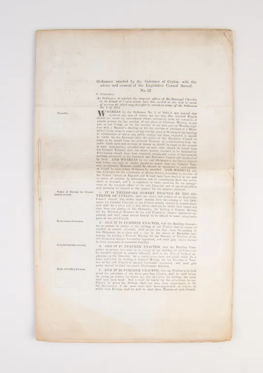 Ordinance enacted by the Governor of Ceylon, with the advice and consent of the Legislative Council thereof. No. 12.