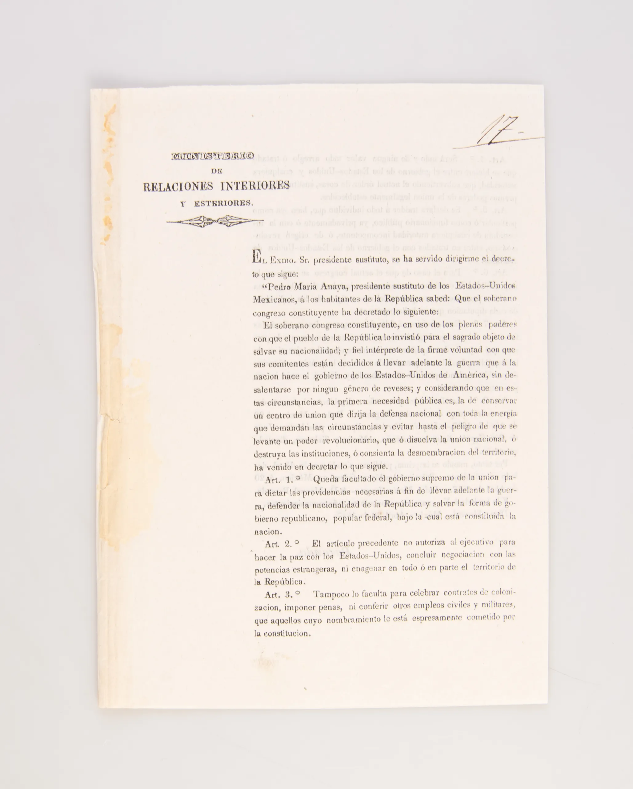 Ministerio de Relaciones Interiores y Esteriores. El Exmo. Sr. Presidente Sustituto, Se Ha Servido Dirigirme el Decreto Que Sigue: 