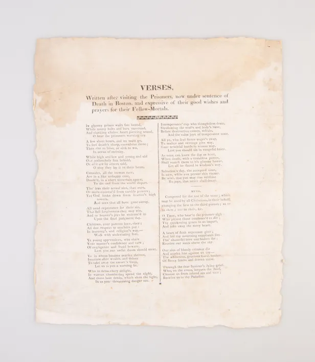 Verses, Written after visiting the Prisoners, now under sentence of Death in Boston, and expressive of their good wishes and prayer of their Fellow-Mortals.