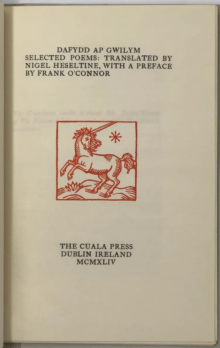 Dafydd Ap Gwylm. Selected Poems. Translated by Nigel Heseltine, with a Preface by Frank O'Connor.