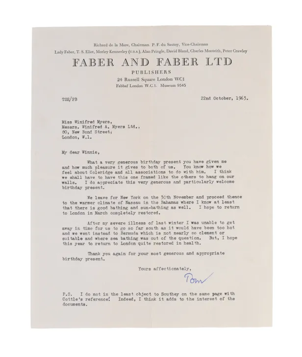 Typed Letter Signed ('Tom') to 'My dear Winnie' (Winifred Myers, bookseller), thanking her for 'very generous and particularly welcome birthday present',