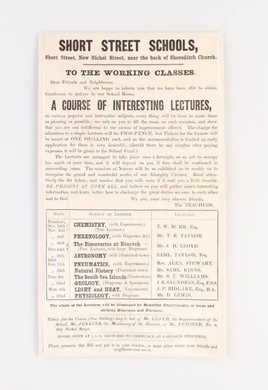 Short Street Schools...To the Working Classes...A Course of Interesting Lectures.