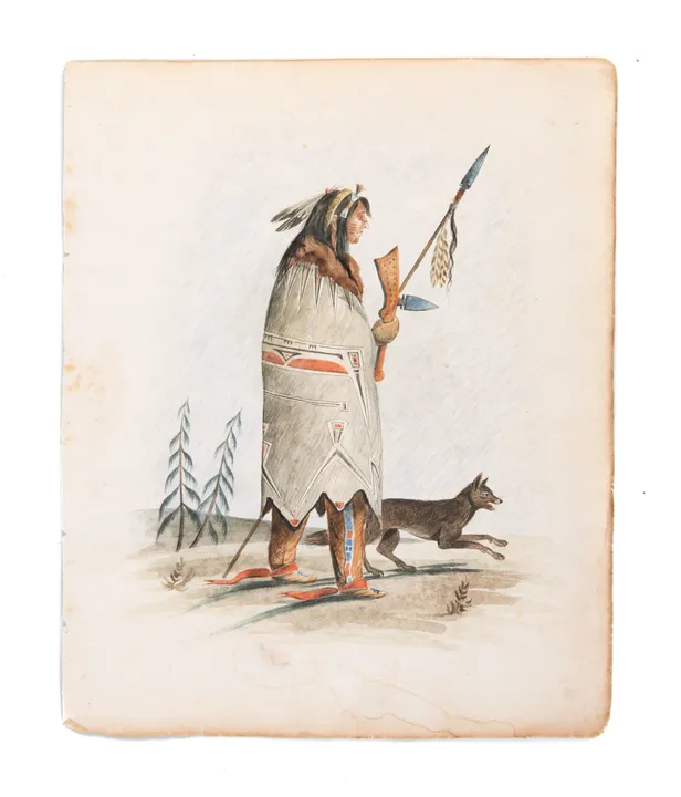 [Two watercolours depicting a Native hunter in traditional dress, and a trapper or voyageur in elaborate buckskins with a European hat.]