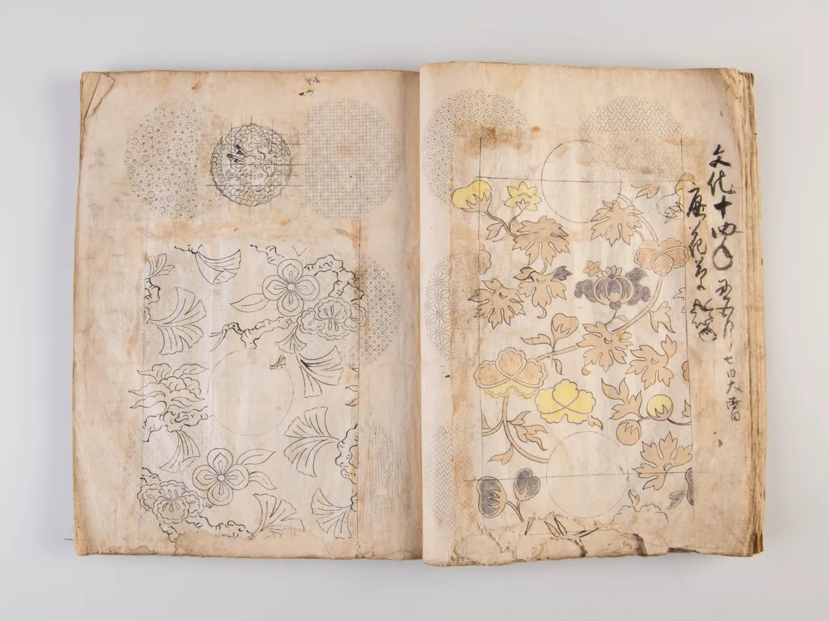 A collection of three weaving pattern scrapbooks, including Orimono kodai zu [Album of antique woven textile designs]