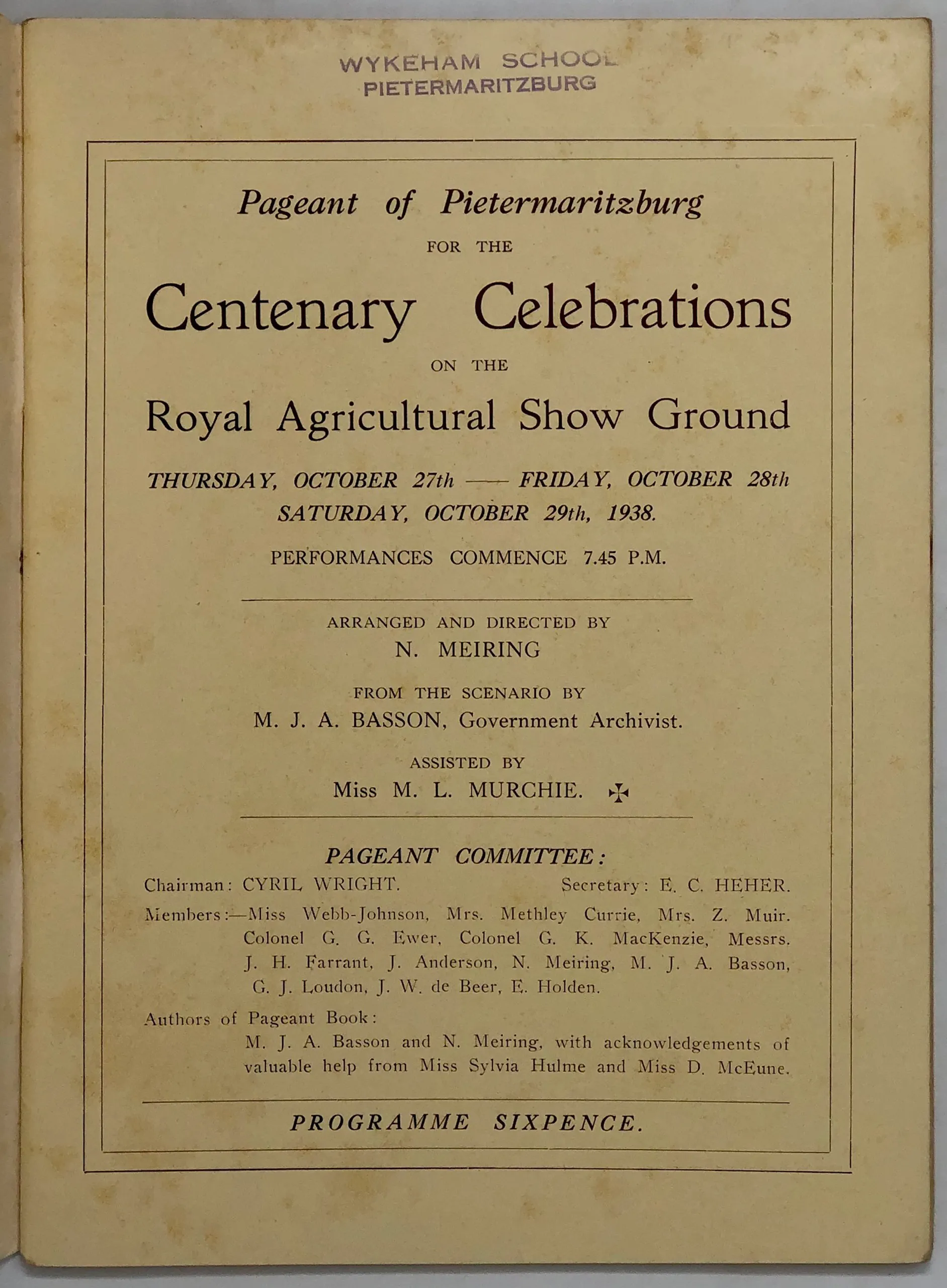 Pageant of Pietermaritzburg for the Centenary Celebrations on the Royal Agricultural Show Ground.