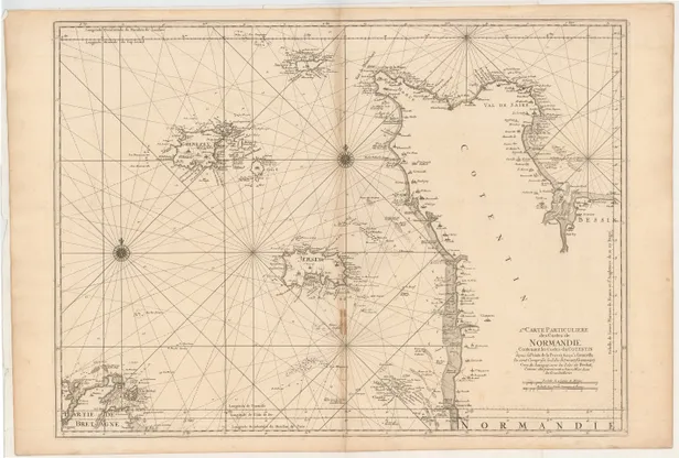 2me. Carte Particuliere des Costes de Normandie contenant des costes du Cotenin depuis la Pointe de la Percée jusqu'a Granville ou sont compris les Isles de Jerzey, Grenezey, Cers, & Aurigny, avec les Isles de Brehat ...
