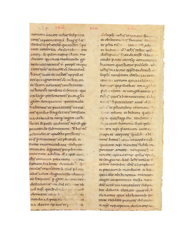 Large fragment, almost a full leaf, from Bede's Commentary on St. Mark's Gospel, in Latin, manuscript on vellum.
Italy, 1100-1150