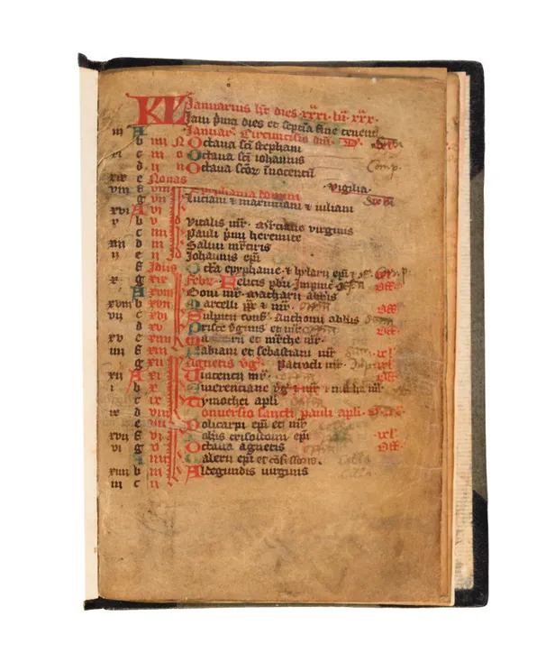 Calendar, apparently from a Breviary of the Use of Cologne, in Latin, decorated manuscript on vellum. 
[Germany (doubtless Cologne), 14th century]