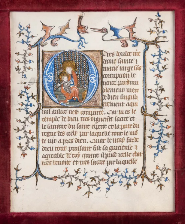 The Virgin and Child, historiated initial on a leaf from an early Book of Hours, in Latin and French, illuminated manuscript on vellum [Northern France (Picardy, Noyon?), 14th century (c. 1370s)]