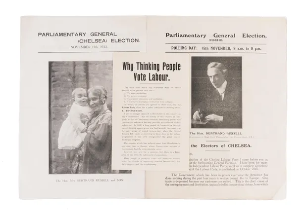 A group of three scarce leaflets from Bertrand Russell's campaign as Labour candidate for Chelsea at the 1922 Parliamentary General Election.