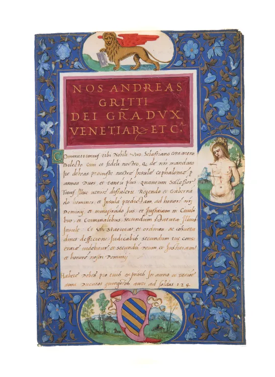 Frontispiece to a Ducale, issued by the Doge of Venice, Andreas Gritti. Venice, c. 1523-