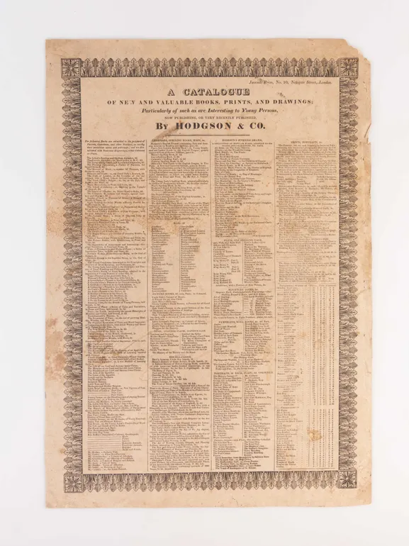 A Catalogue of New and Valuable Books, Prints, and Drawings; Particularly of Such as are Interesting to Young Persons, Now Publishing, or very Recently Published, By Hodgson & Co.