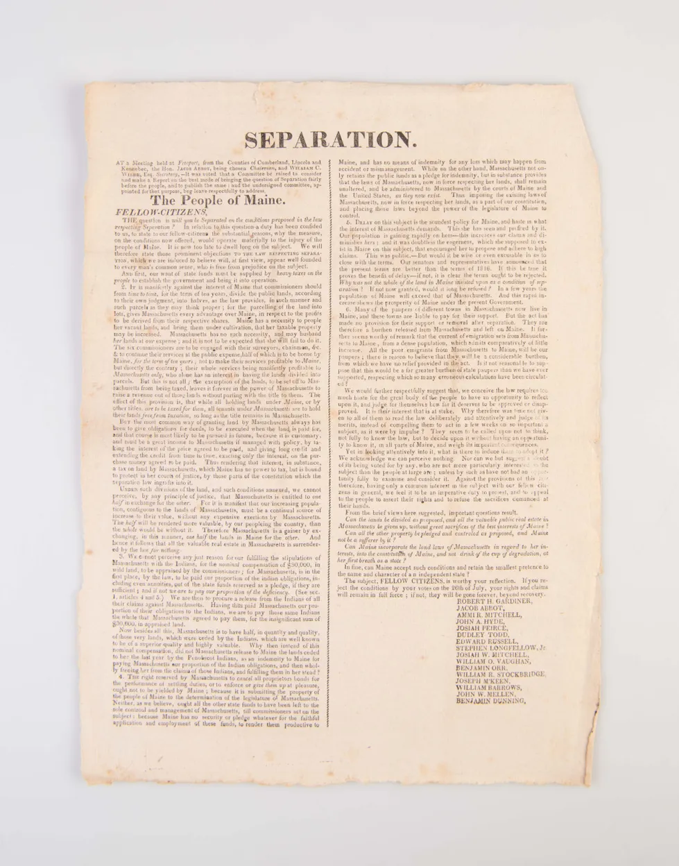 Separation. To the People of Maine. Fellow Citizens ...