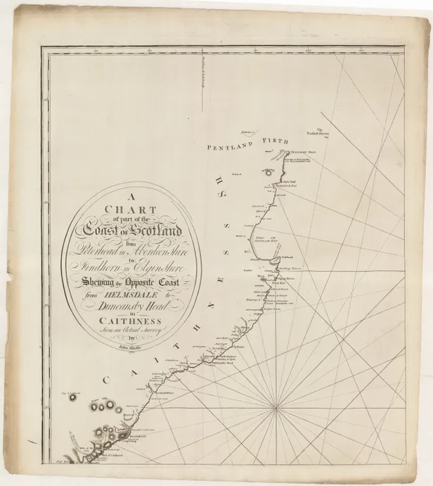 A Chart of part of the Coast of Scotland from Peterhead in Aberdeenshire to Findhorn in Elginshire shewing the opposite coast from Helmsdale to Duncansby in Caithness from an actual survey ...