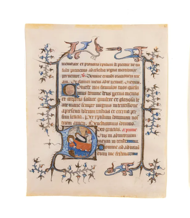 The Nativity, historiated initials on a leaf from an early Book of Hours, in Latin and French, illuminated manuscript on vellum [Northern France (Picardy, Noyon?), 14th century (c. 1370s)]
