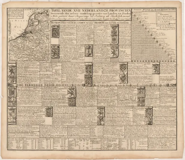Tafel vande XVII Nederlandze Provincien vertonende der zelver verdeling grootte van Landen en Steden, mids-gaders haar Regering zo Politicq al kerk-lyk