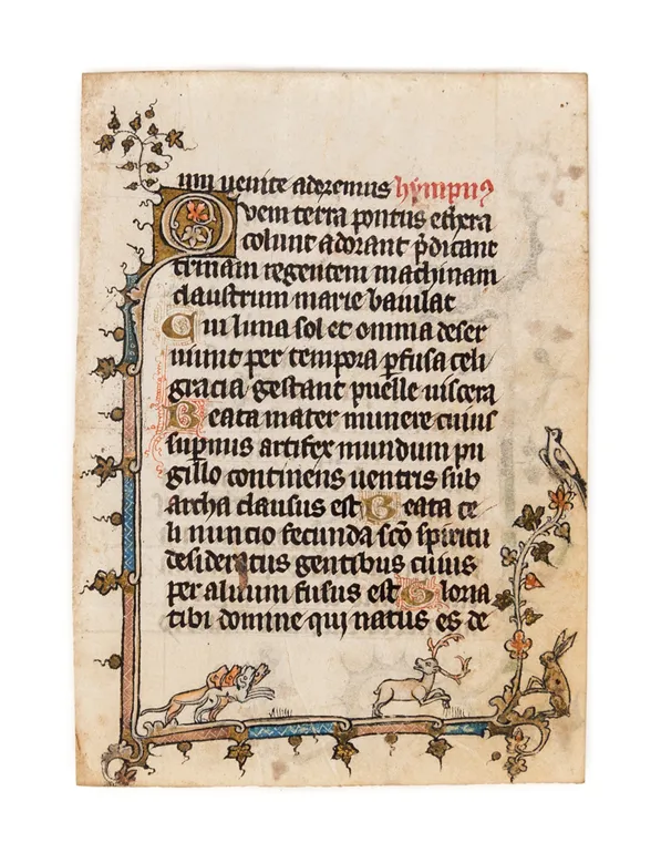 Illuminated leaf on vellum from a Book of Hours, of Dominican Use, with a stag hunt in its bas-de-page.