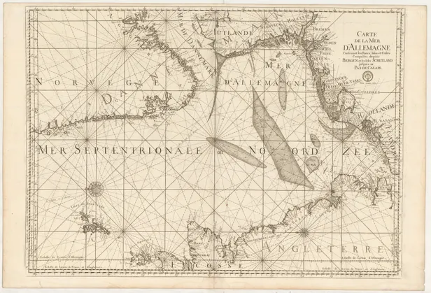 Carte de la Mer d'Allemagne contenant les Bancs Isles et Costes comprises depuis Bergen et les Isles Schetland jusques au Pas de Calais.
