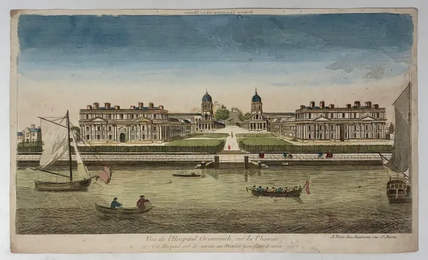 Vue de l'Hospital Greenwich, sur la Thamise [sic.], et cet Hospital sert de Retraite aux Matelots hors d'Etat de servir.