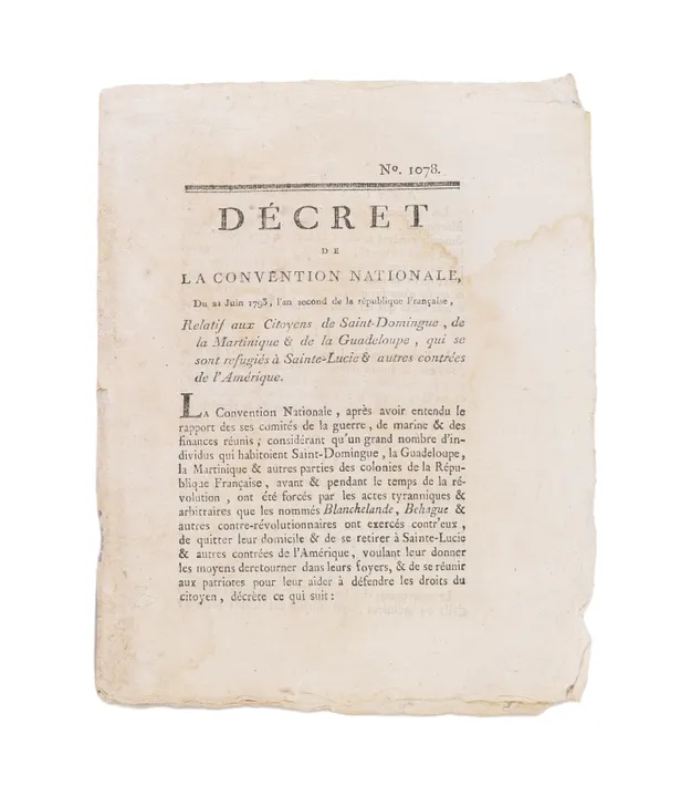 Décret de la Convention Nationale [...] relatif aux citoyens de Saint-Domingue, de la Martinique & de la Guadeloupe, qui se sont réfugiés à Sainte-Lucie & autres contrées de l'Amérique.