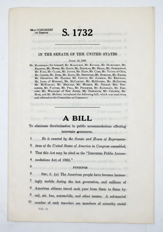 88th Congress. 1st Session. S.1732 ... A Bill to eliminate discrimination in public accommodations affecting interstate commerce ...