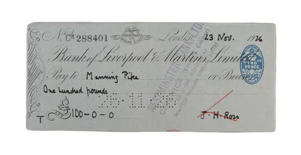 Autograph cheque signed ('J.H. Ross'), made out to Manning Pike for £100.