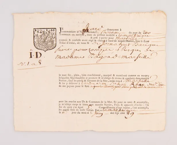 [Bill of lading for a cargo of sugar and coinage bound from Martinique to Marseille.]