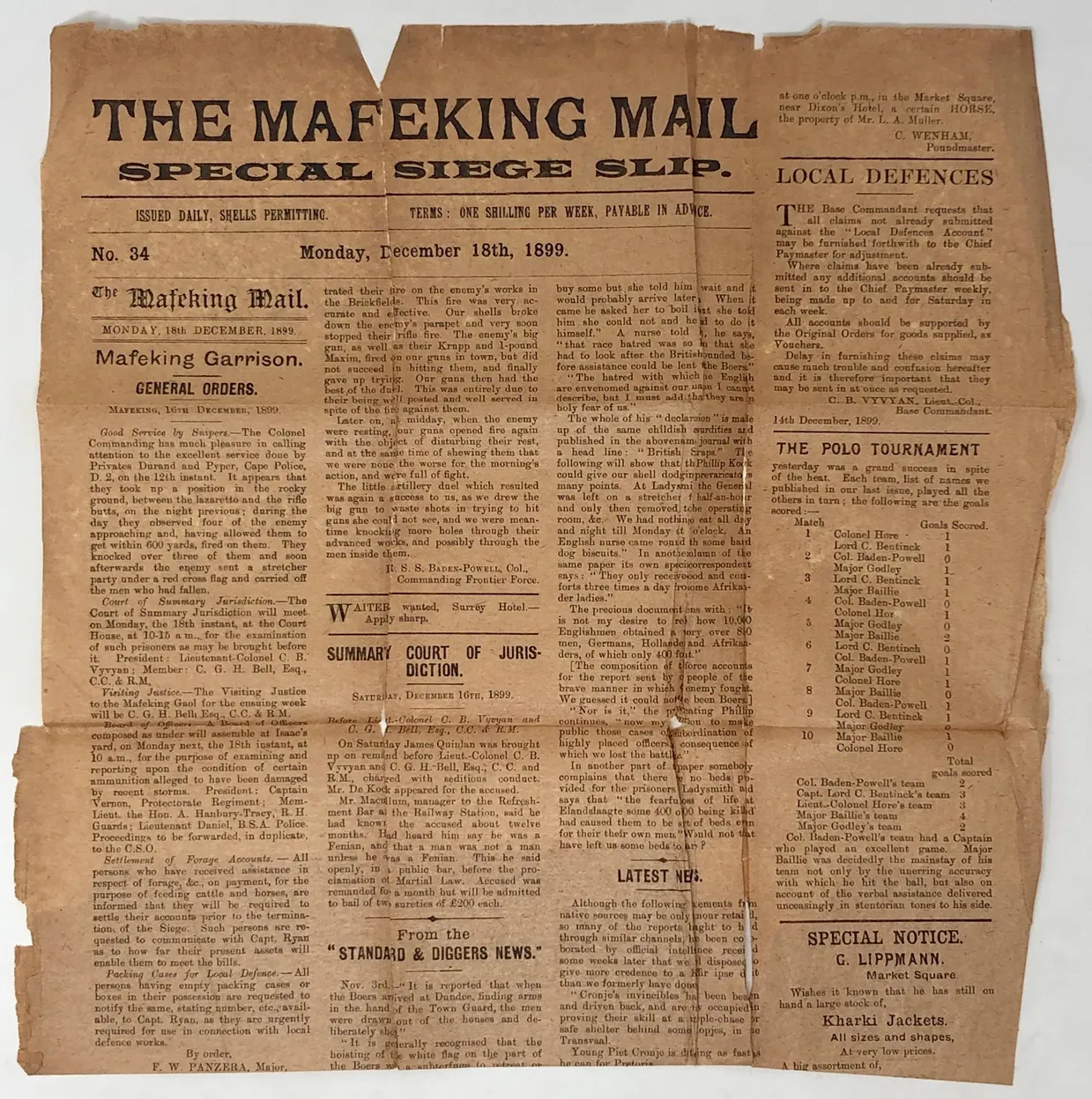 Mafeking Mail. Special Siege Slip, Monday, December 18th, 1899.