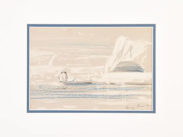 [Watercolour of Penguins on an ice floe.]