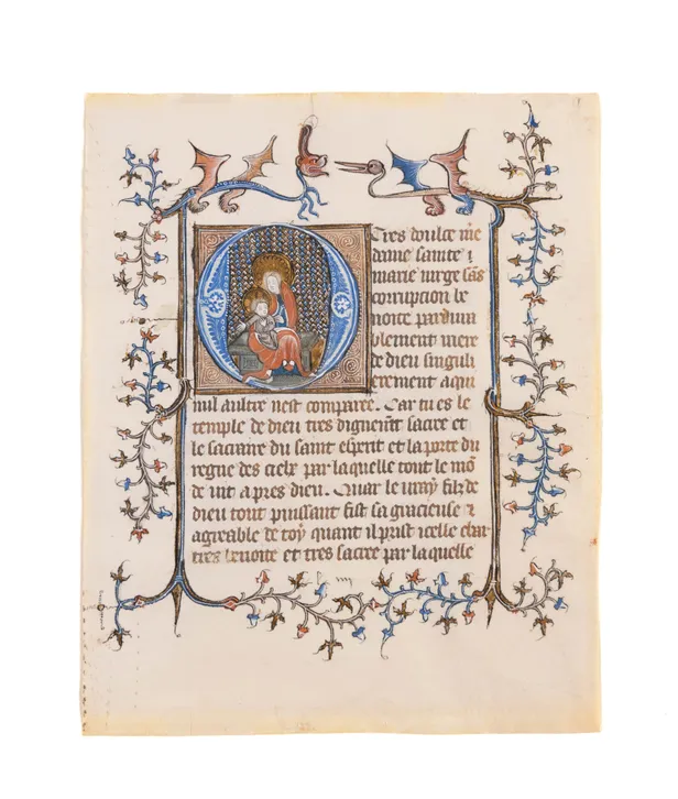 The Virgin and Child, historiated initial on a leaf from an early Book of Hours, in Latin and French, illuminated manuscript on vellum [Northern France (Picardy, Noyon?), 14th century (c. 1370s)]