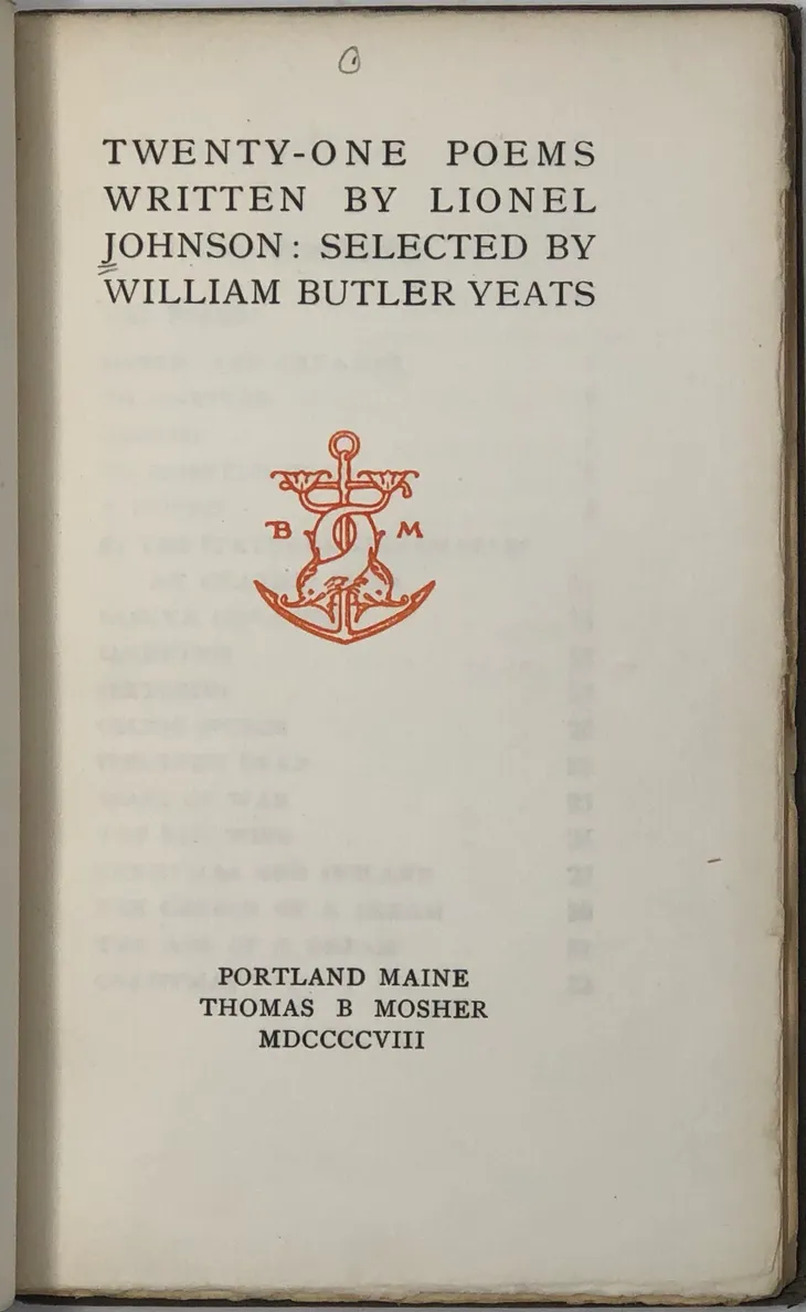 Twenty One Poems by Lionel Johnson. Edited by W.B. Yeats.