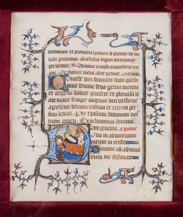 The Nativity, historiated initials on a leaf from an early Book of Hours, in Latin and French, illuminated manuscript on vellum [Northern France (Picardy, Noyon?), 14th century (c. 1370s)]