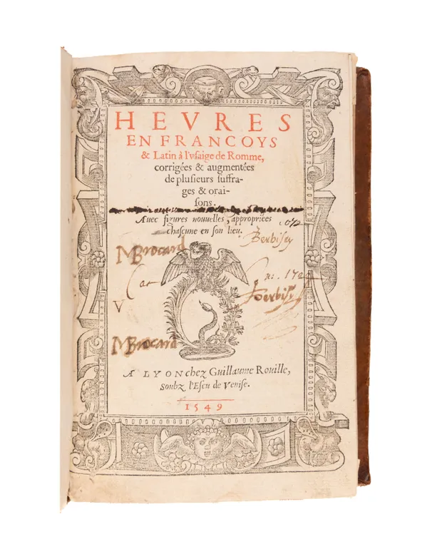 Heures en Francoys & Latin a l'usaige de Romme, corrigées & augmentées de plusieurs suffrages & oraisons. Avec figures nouvelles, appropriées chascune en son lieu.
Lyon, [Macé Bonhomme for] Guillaume Rouillé, 1549