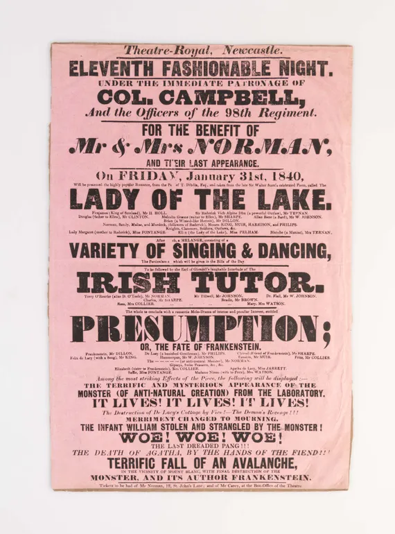 Playbill for a performance of Presumption! or The Fate of Frankenstein, the first theatrical adaptation of Mary Shelley's famous novel [January 31st, 1840].