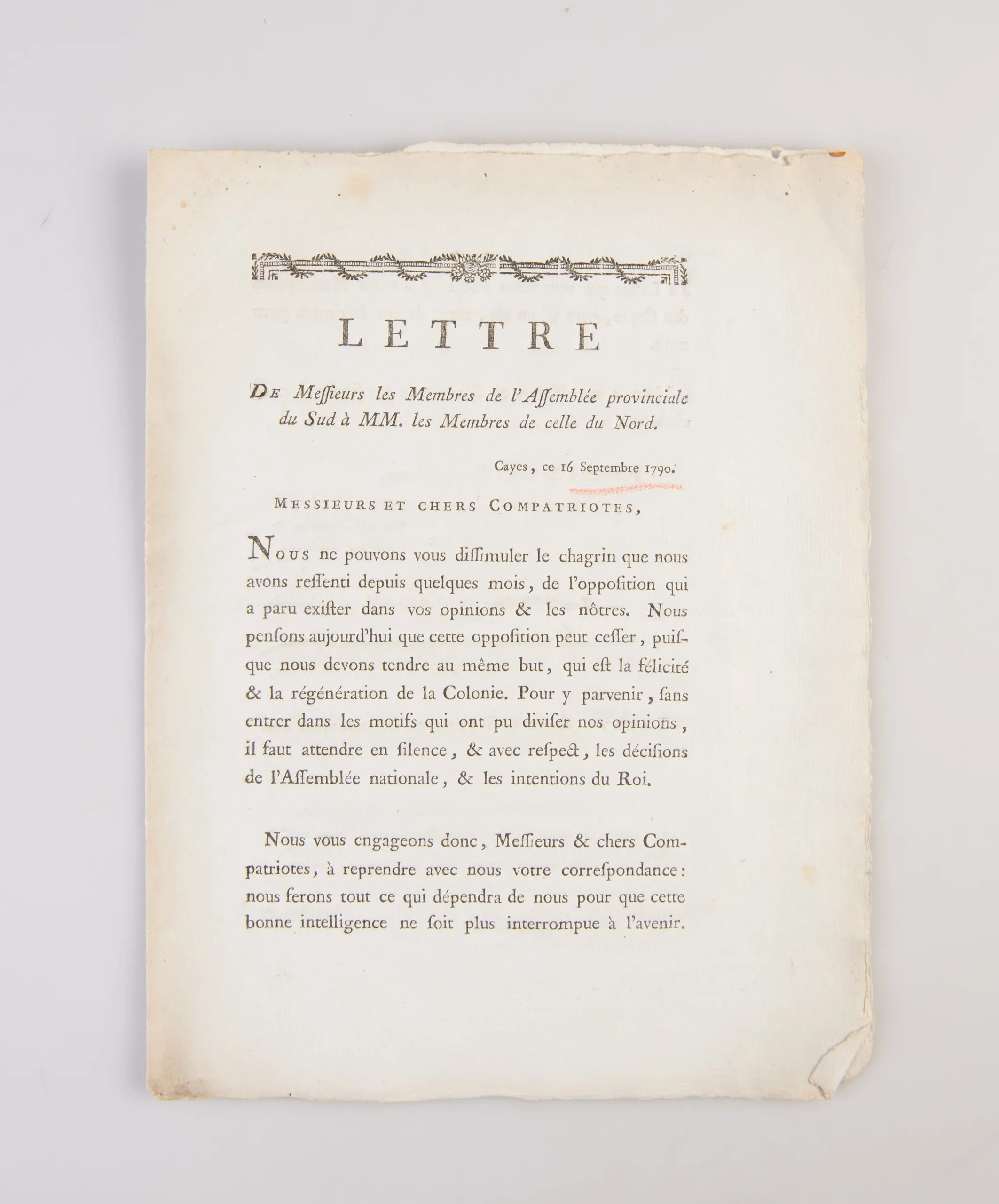 Lettre De Messieurs les Membres de l'Assemblée provinciale du Sud à MM. les Membres de celle du Nord.