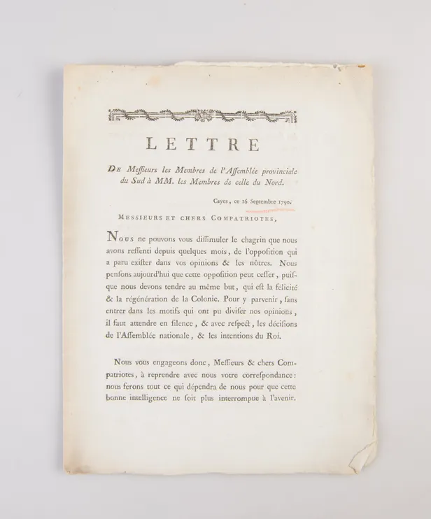 Lettre De Messieurs les Membres de l'Assemblée provinciale du Sud à MM. les Membres de celle du Nord.