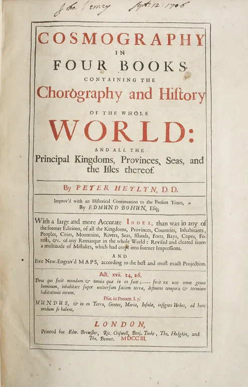 Cosmography in four books. Containing the Chorography and History of the whole World: and all the principal Kingdoms, Provinces, Seas, and the Isles thereof. ...