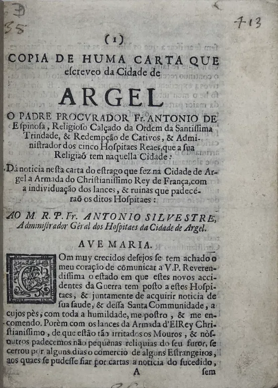 Copia de Huma Carta que escreveo da Cidade de Argel: