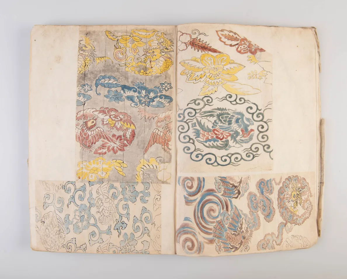 A collection of three weaving pattern scrapbooks, including Orimono kodai zu [Album of antique woven textile designs]