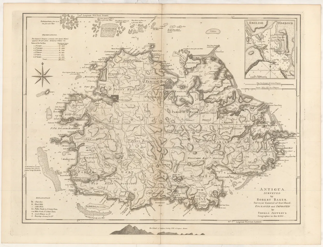 Antigua surveyed by Robert Baker Surveyor General of that island, engraved and improved by Thomas Jefferys ...