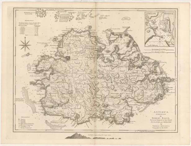 Antigua surveyed by Robert Baker Surveyor General of that island, engraved and improved by Thomas Jefferys ...