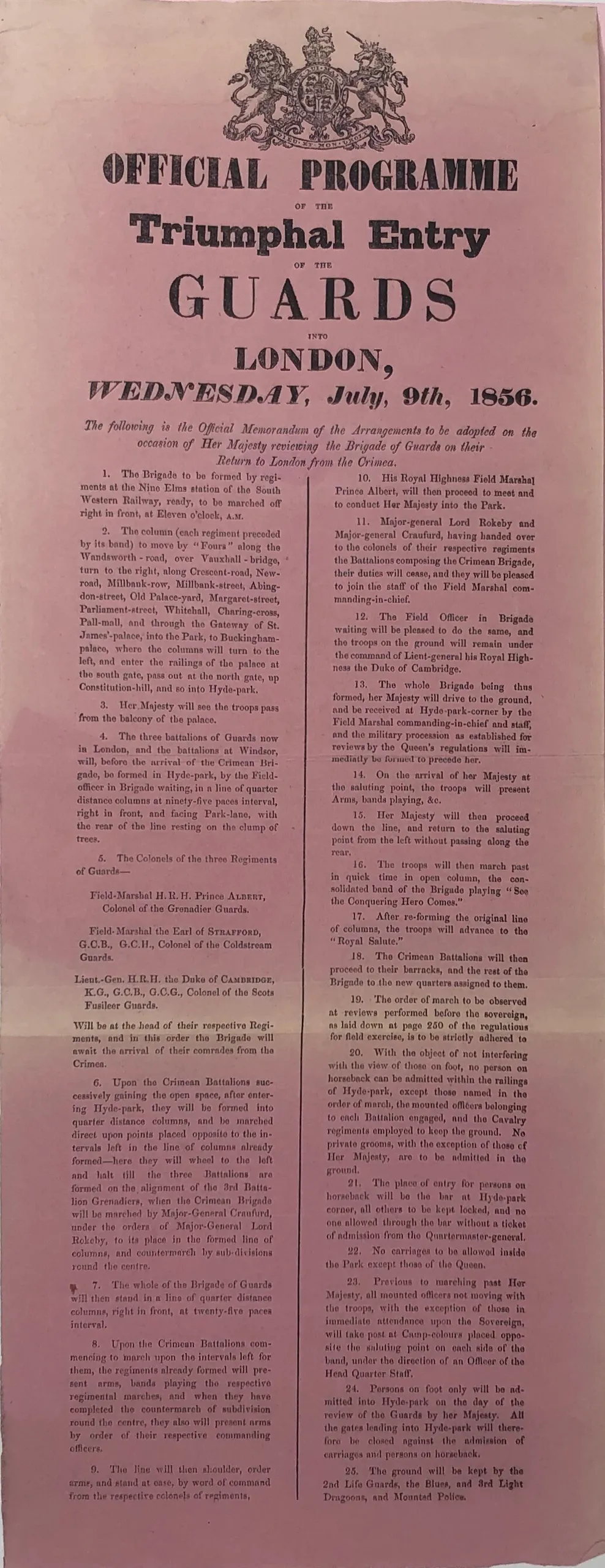 Official Programme of the Triumphal Entry of the Guards into London, Wednesday, July 9th, 1856.