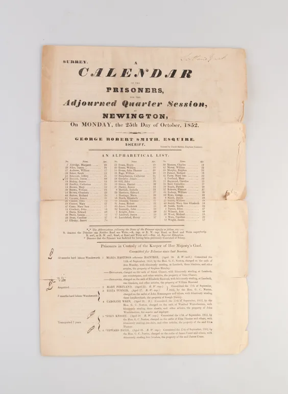 A Calendar of the Prisoners, for the Adjourned Quarter Session, at Newington, on Monday, the 25th Day of October, 1852.