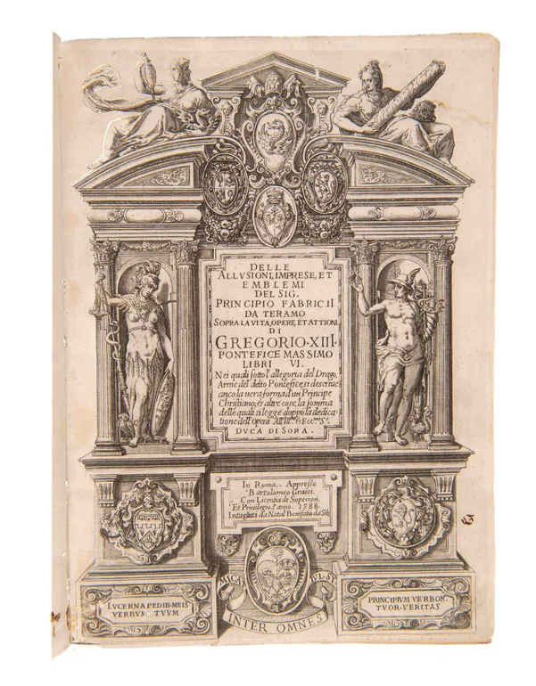 Delle allusioni, imprese, et emblemi sopra la vita, opere, et attioni di Gregorio. XIII. pontefice massimo libri vi.
Rome, Bartolomeo Grassi, 1588