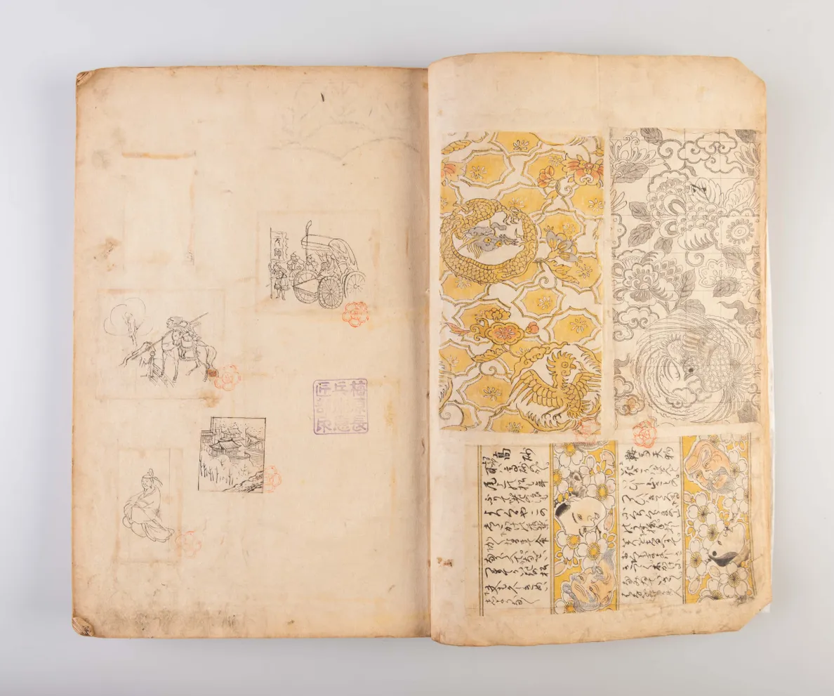 A collection of three weaving pattern scrapbooks, including Orimono kodai zu [Album of antique woven textile designs]