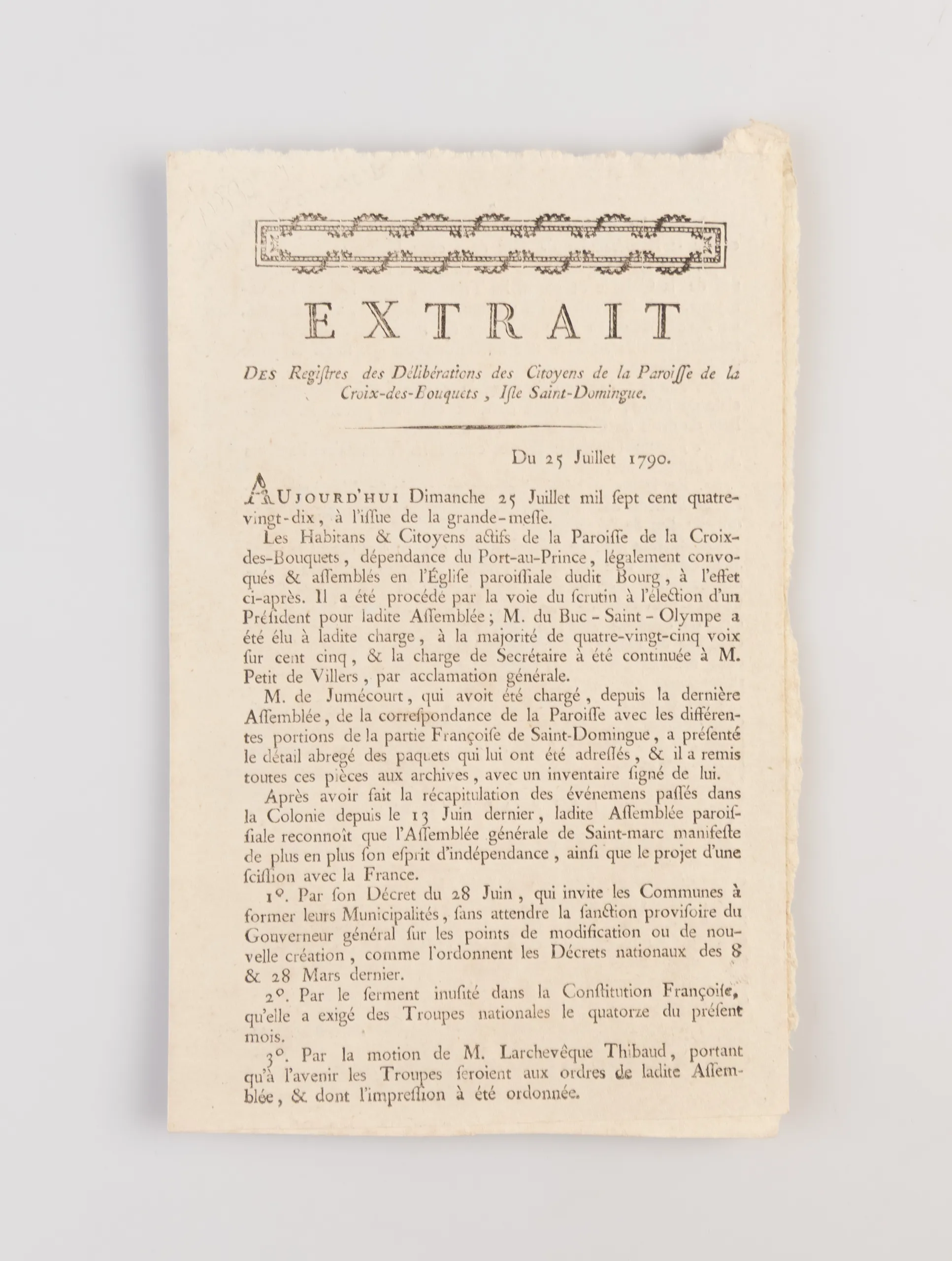 Extrait des registres de Deliberations des Citoyens de la Paroisse de la Croix-des-Bouquets, Isle Saint-Domingue.