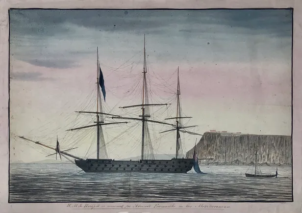 H.M.S. Rochfort in mourning for Admiral Fremantle in the Mediterranean.