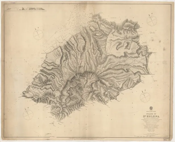 South Atlantic Ocean Island of St. Helena from a Survey by Captn. Edmund Palmer, R.A. 1852. The Soundings from a Survey by George Thoms, Master HMS Northumberland, 1816. The North West Bank of Soundings by Captn. F.W. Austen R.N. 1808 ...