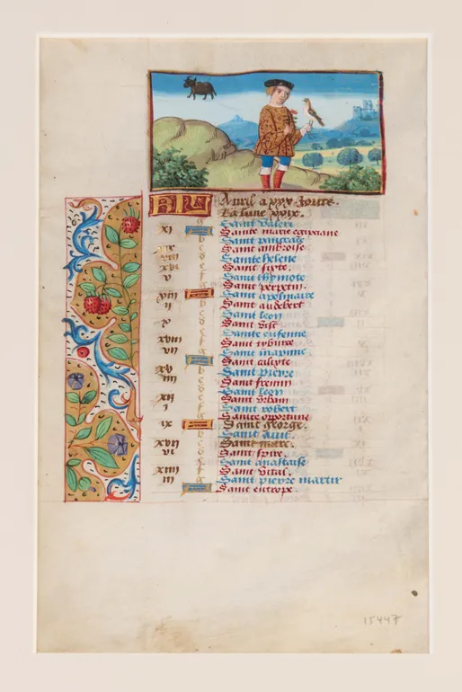 Illuminated calendar leaf on vellum for March/April from a Book of Hours. Central France (Bourges or Tours ?), c.